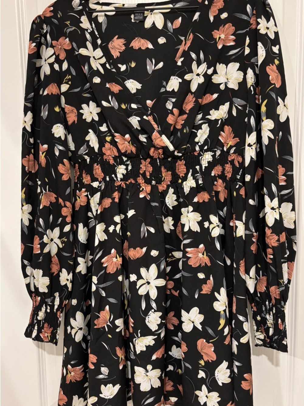 SHEIN Black Floral Long Sleeve Smock Waist Dress